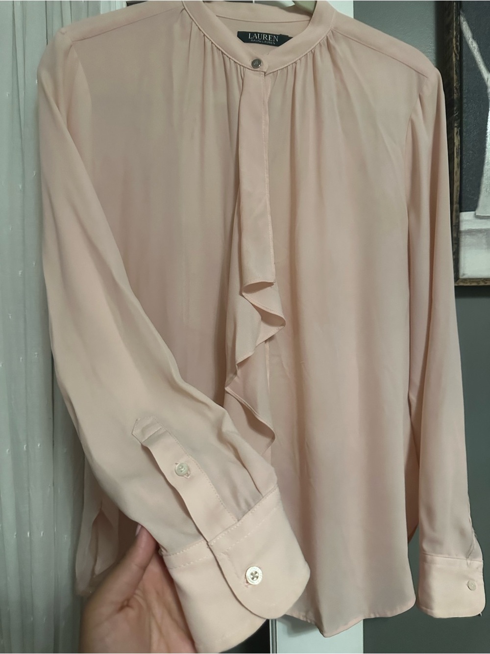 Lauren by Ralph Lauren Blush Pink Gathered Button-Neck Blouse